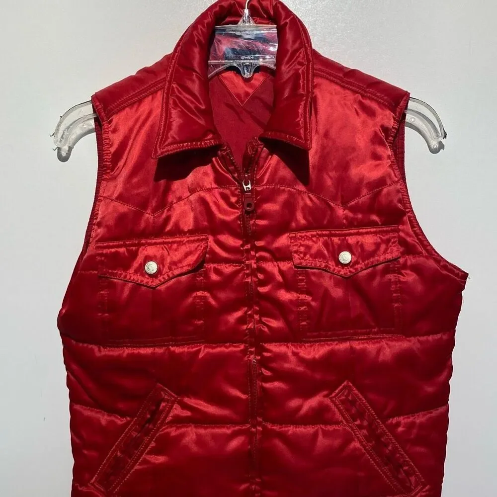 Vintage Tommy Jeans Women's Red Satin Collared Full Zip Puffer‎ Vest Medium